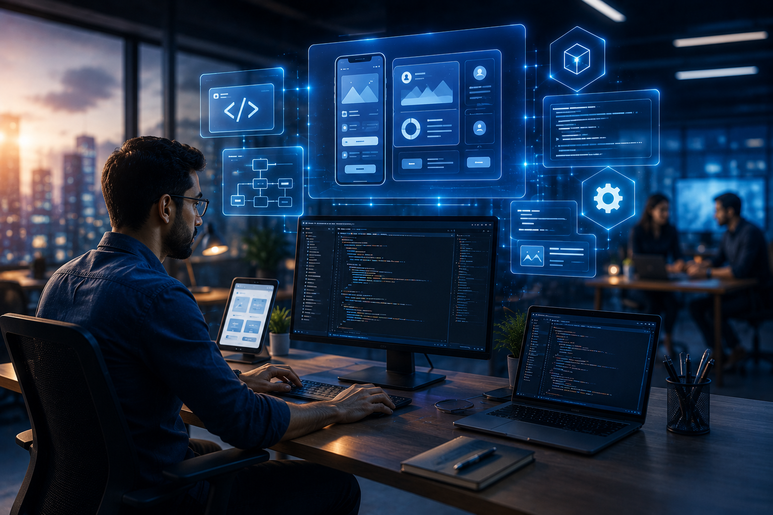 Futuristic UI/UX developer workspace at dusk