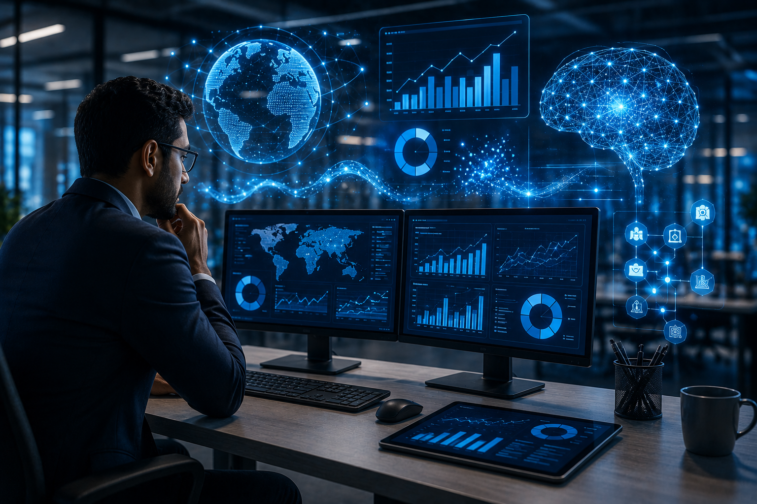 Futuristic data lab with holographic displays