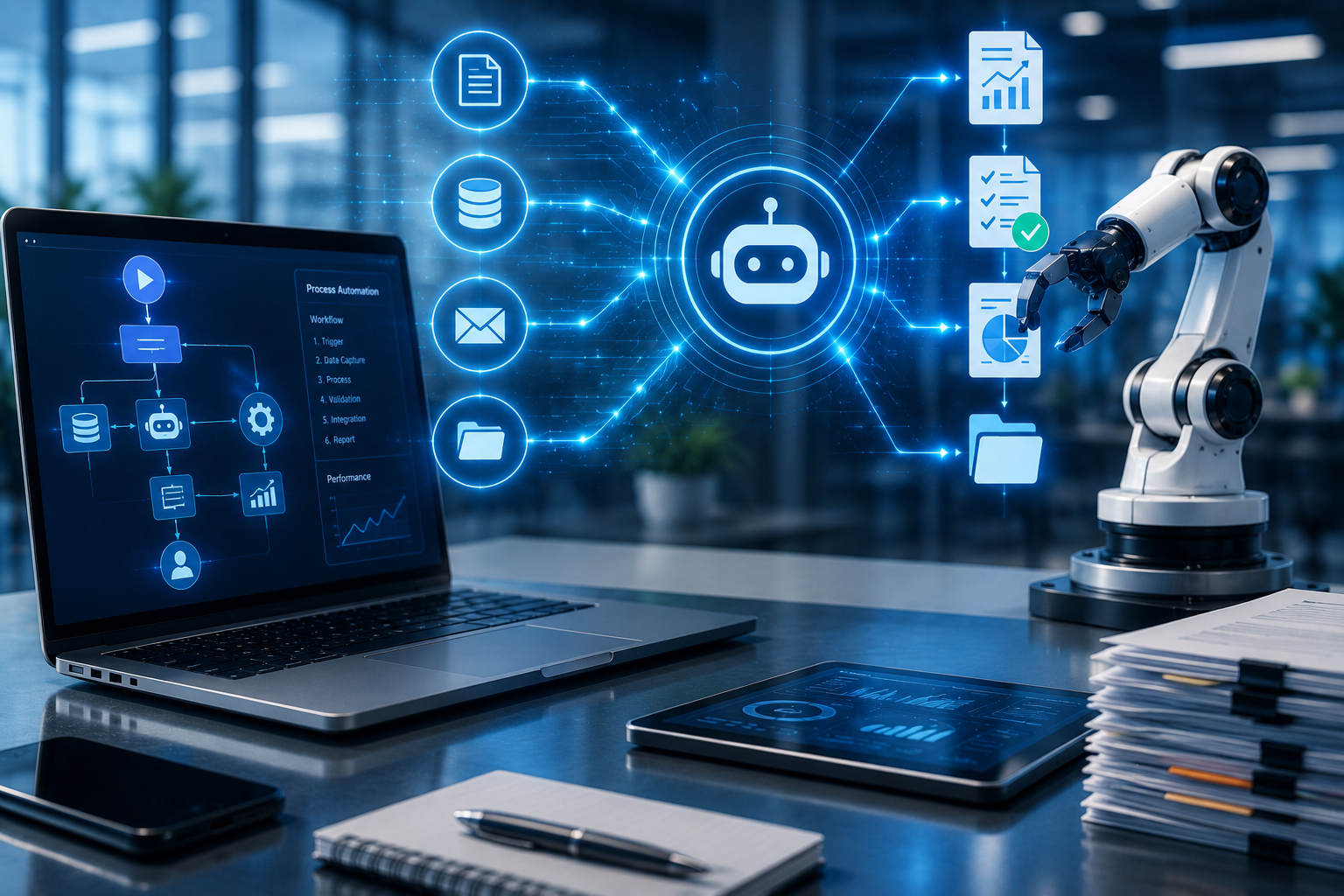 Futuristic office with robotic process automation