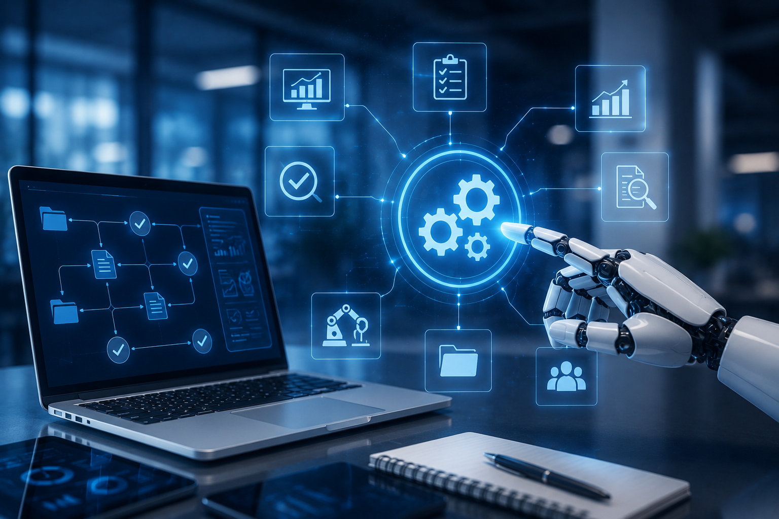 Futuristic office with robotic automation