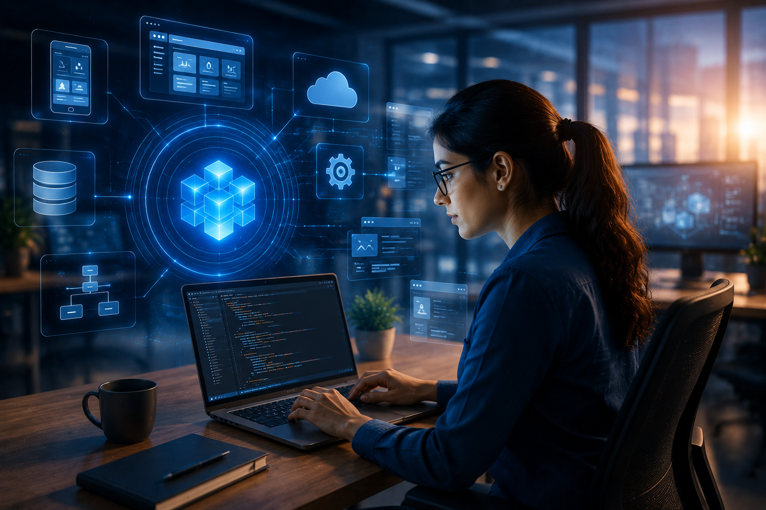 Futuristic workspace with augmented reality elements