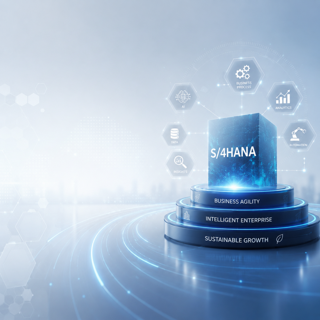 Illustration of the SAP BAIP strategy after an SAP S/4HANA migration, highlighting AI, business transformation, process optimization, analytics, automation, and digital innovation.